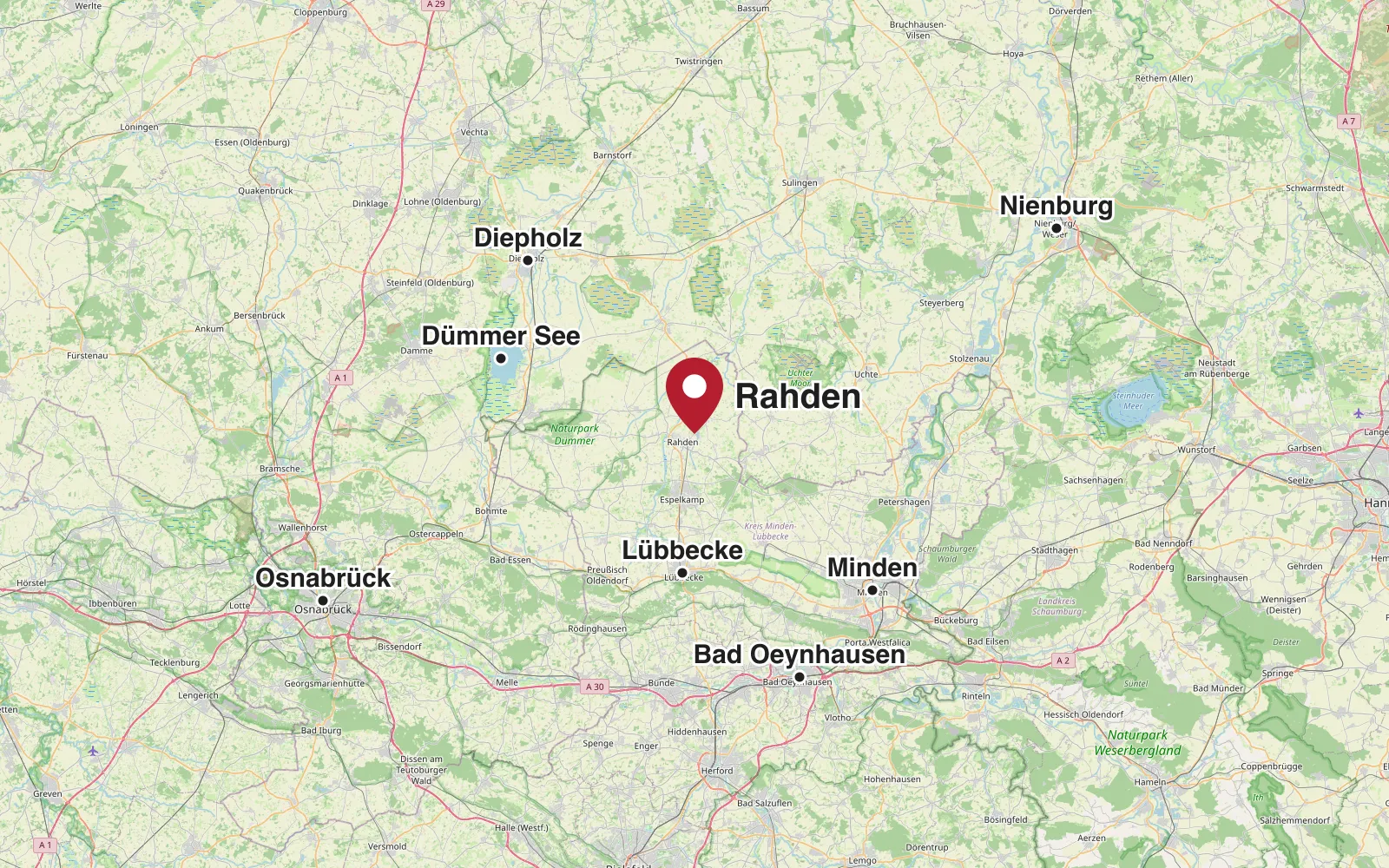 Übersichtskarte: Rahden liegt zwischen Lübbecke und Diepholz, westlich von Minden; die Marke zeigt den Westfalen Hof am Ortsrand